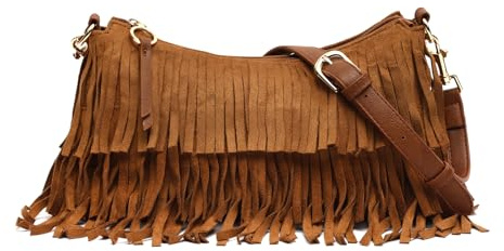 MISAKO Taseli bolso bandolera pequeño efecto ante con flecos Mujer - Taseli Camel 15x29x8cm
