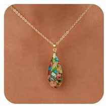 WATEFOER Collier Pendentif avec Pierre Thérapeutique pour Femme, Chaîne en Acier Inoxydable Doré avec Pierre Naturelle Colorée Bijoux Bohèmes Idées Cadeaux pour la Fête des Mères Noël