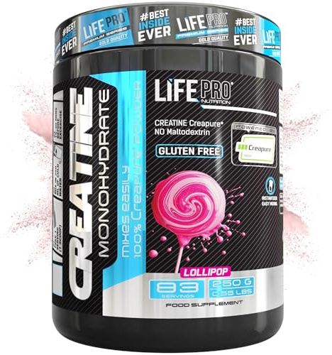 Creatina Monohidratada Creapure Life Pro – Creatina Micronizada Pura, Hasta 83 Tomas – Sin Gluten, Para Fuerza, Energía y Recuperación Muscular – Calidad Alemana (250g, Lollipop)