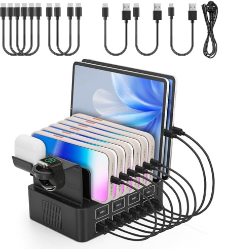 USB C Multi Charger Station, 16 Port 150W USB Charger Fast Multiple Charging Station with 8 Cables, Multi Device USB A Phone Ipad Desktop Smart Charger Stand with Removable Divider