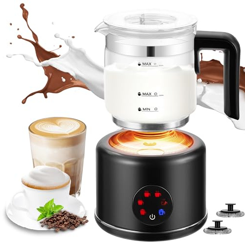 Milk Frother and Steamer, 6 in 1 Milk Steamer and Milk Warmer, 17oz Auto Shut Off Electric Frother with Touch Screen, Hot/Cold Foam Maker for Coffee, Latte, Cappuccino, Hot Chocolate, Black