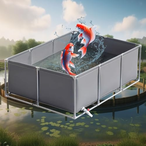 PVC fiskdamm över marken med dräneringsventil för Koi – 2 x 2 x 0,9 m (6,5 x 6,5 x 2,9 fot) utomhusvattenställ, lätt att fylla, perfekt för trädgård och trädgård