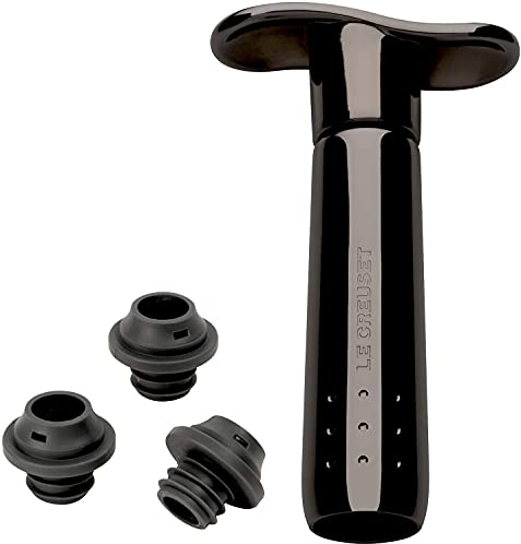 Le Creuset Wine Accessories Metal Wine Pump and 3 Stoppers, Black Nickel, 59014016001625