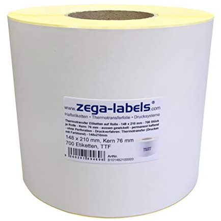 Thermotransfer Etiketten auf Rolle - 148 x 210 mm - 700 Stück je Rolle - Kern: 76 mm - aussen gewickelt - permanent haftend - Druckverfahren: Thermotransfer (Drucken mit Farbband)