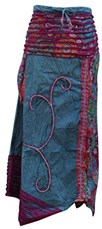 SHOPOHOLIC FASHION Women’s Handmade Embroidered Hippie Flower Patch Boho Long Skirt, Turquoise