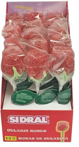 SIDRAL .15 Rosas Pectina. Sabor Fresa (38 g) – Piruletas, Chuches San Valentín, Kit de Chuches Sin Gluten, Regalos Parejas (PECTINA)