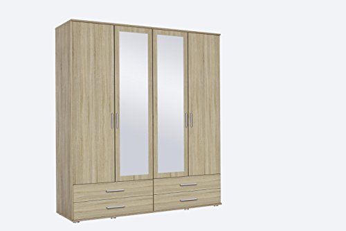 Rauch Möbel Rasant, Schrank Drehtürenschrank mit Spiegel inklusive 4 Schubladen, 4-türig, Zubehörpaket Basic 2 Einlegeböden, 1 Kleiderstange, Eiche Sonoma, Holz, 52 x 168 x 188 cm