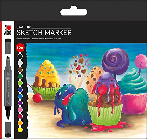 Marabu – sketch markör, japansk dubbelspets 1–7 mm kilspets och 1 mm fin, lysande, snabbtorkande, alkoholbaserat bläck, luktfritt och vattentåligt