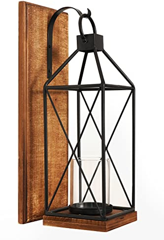 Homemory Wall Candle Sconce, Wood Rustic Candle Holder Decorative Candle Lantern with Glass Holder, Wall Decorations for Living Room, Dining Room (1, Dark Brown)