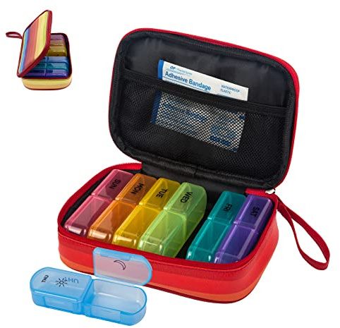 Pillendose 7 Tage 2 Fächer Groß Tablettenbox Morgens Abends Tragbare PU Leder Pillentasche mit Reißverschluss Medikamentenbox Wochenbox für Medikamente Kapsel Vitamine Fischöl (Regenbogen)