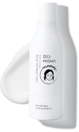 MIDHA Lozione al latte di riso, idratante, illuminante, nutriente per corpo e viso, cura delicata e lenitiva per pelli radiose, flacone da 200 ml