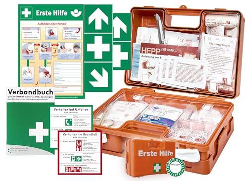 Erste Hilfe Kasten -Komplettpaket- aktuelle DIN 13157 für BÜRO & BETRIEBE inkl. DIN 13164 für KFZ - INKL. AUFKLEBER & AUSHANG + Verbandbuch (Perforierte Seiten)