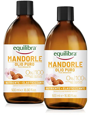 equilibra Corpo, Olio di Mandorle Puro, Olio di Mandorle Dolci, Protettivo, Nutriente e Elasticizzante, Aiuta a Prevenire le Smagliature in Gravidanza o Durante una Dieta Ipocalorica, 2 Pezzi da 500ml