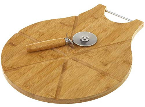 BAKAJI Tagliere per Pizza in Bambù con Rotella Tagliapizza, Vassoio in Legno con Guide, Antibatterico, Piano di Lavoro per Cucina, Accessori per la Casa, Ripiano per Tagliare, Dimensioni 38 x 32 cm