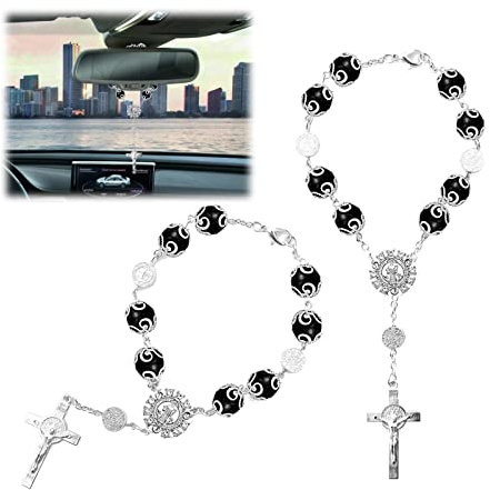 2 Stück Autospiegel-Hängezubehör, personalisierter Auto-Rosenkranz mit Kreuz, Segen, Rosenkranz, katholische Auto-Medaille für LKW, Fahrrad, Motorrad, Auto, Spiegel, Hängezubehör, Innendekoration