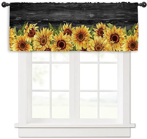 Miyotaa Sonnenblumen-Holz-Küchenvorhang, Volant, 54 B x 18 H, Stangentasche, rustikales Landhaus, Planke, dunkle Fensterbehandlung für Wohnzimmer, Schlafzimmer, Badezimmer