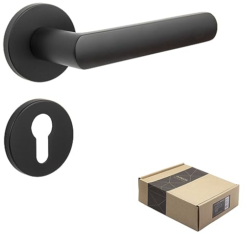 APECS Türgriffe innentüren Türgriff schwarz matt Modern Türklinke für Haustür und Innentür mit runden Rosetten Drückergarnitur mit Befestigungsmaterial Türbeschlag Modell KUMA PZ - Profilzylinder