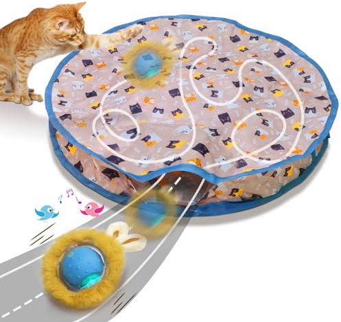 Giociv Interactive Cat Toys Ball Fast Rolling in Pouch, Motion Activate Chirping Cat Toy Hide and Seek Mouse Catching Game (Blue)