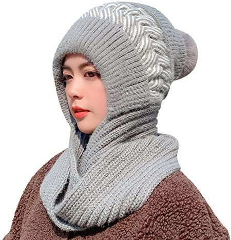 Wintermütze 53 Junge Damen Winter Slouchy Strick Warme Mützen Wollmütze Schal Integrierte Pullover Mütze Niedliche Eltern Kind Strickmütze Winter Cap Herren Mit Ohrenschutz (Grey, One Size)