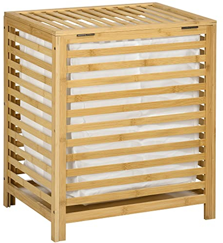 HOMCOM Cesto para Ropa Sucia de Bambú Capacidad de 55L Cesta para la Colada con Tapa 2 Asas y Bolsa Extraíble Forma Rectangular 50x36x60 cm Natural