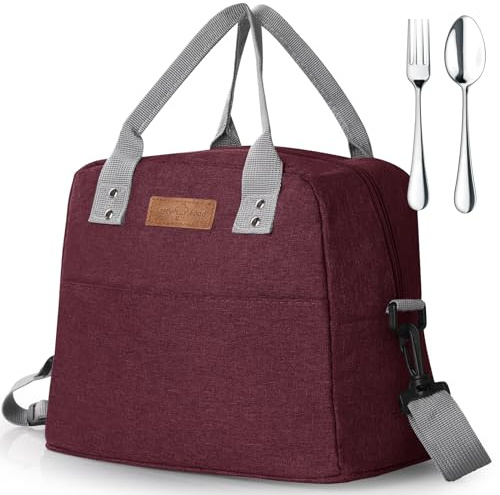 GeeRic 7.5L Borsa Termica+Forchetta+Cucchiaio con Tracolla Regolabile Impermeabile Prova Perdita Riutilizzabile Borsa Frigo Porta Pranzo Cibo Organizzatore per Picnic Scuola Ufficio Adulto Rosso