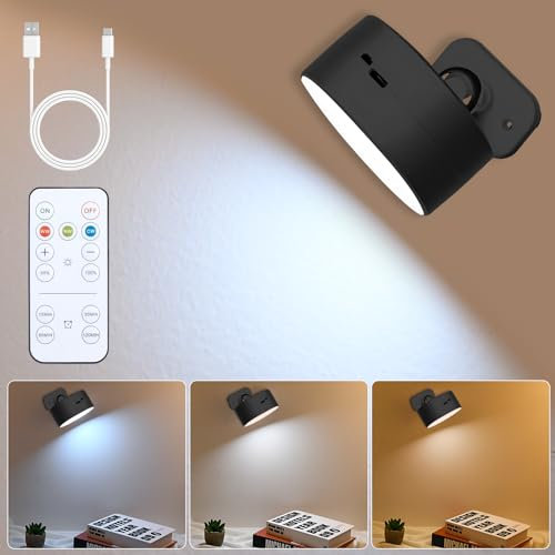 Pagezol LED Wall Light, Rechargeable LED Wall Lamps, 360°Rotatable Dimmable Touch Control, Reading Light, USB Wall Spotlights, Night Lights, Wireless Wall Light for Living Room Bedroom (Black)