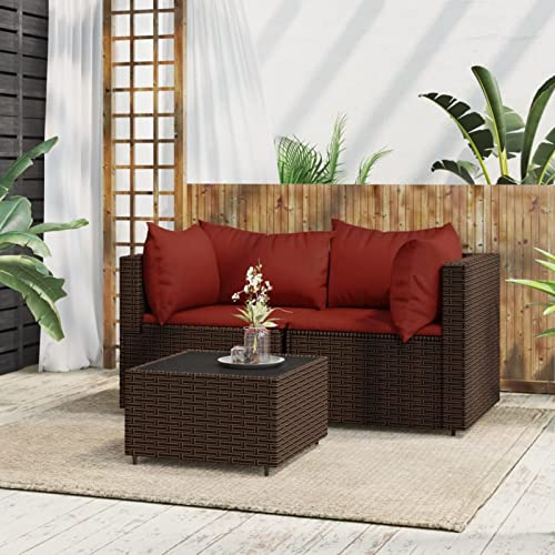 NITCA 3-TLG. Balkon Lounge Rattan Ecksofa Klein Braun und Rot, Balkonmöbel Mit Kissen (2x Eckteil + Tisch)