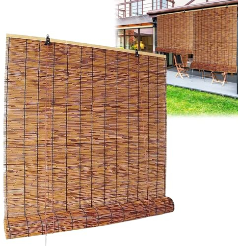 WOGTITYI Outdoor Rollo Bambusrollo Wetterfest Bambus Rollo, 70% Lichtfilter Natur Raffrollos Sonnenschutz Bambus Jalousie, 55 60 85 95 100 115 120 135 140 150 160cm Breite Sichtschutz