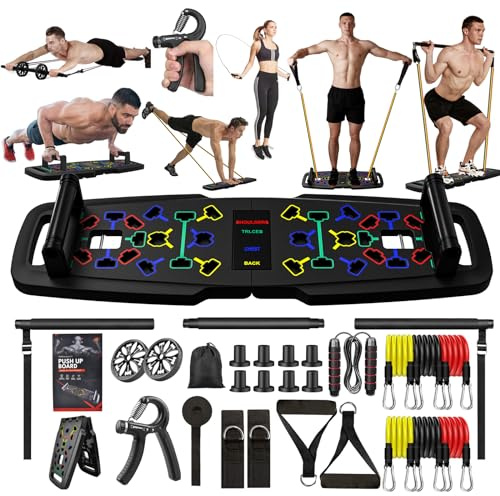 Tragbares Liegestützplatte, Liegestütze Brett mit 36 Gym-Zubehörteilen,22-in-1 Push Up Board, Pilates-Stange, Fitnessbänder, Bauchtrainer,Home Gym Strength Trainer (Schwarz)