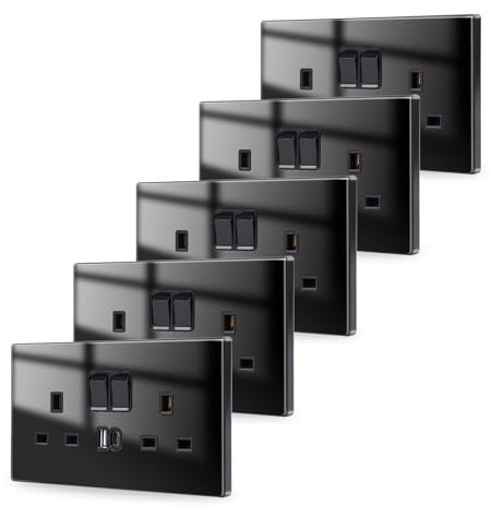 JIMEIDA 5 Pack Black Double Switched Power Socket with USB A and Type C Charging Ports 13 Amp Crystal Glass Panel Wall Outlet Electric Socket