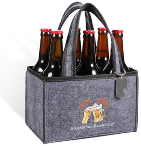 Komoke Männerhandtasche & Bierträger für 6 Flaschen – Wiederverwendbare Flaschentasche mit Trennwänden & Griff – Ideal für Party, Reise & Picknick – Biertasche für Männer