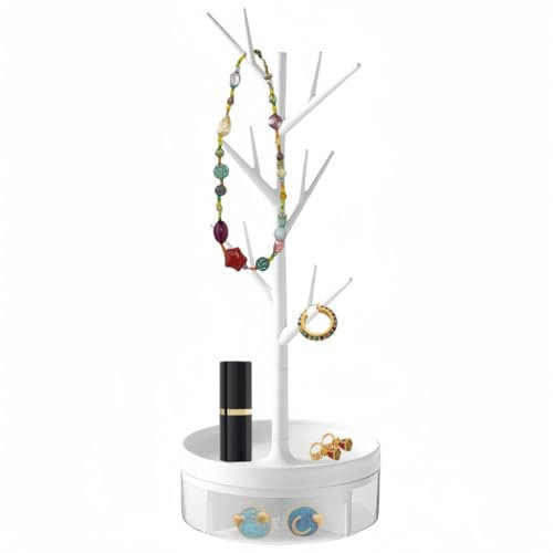 MEETOZ Schmuckregal mit drehbarem Sockel und Aufbewahrungsbox, Baumturm-Regal, drehbarer Schmuckbaumständer, für Ohrringe, Halsketten, Armbänder, Uhren und Ringe (weiß)
