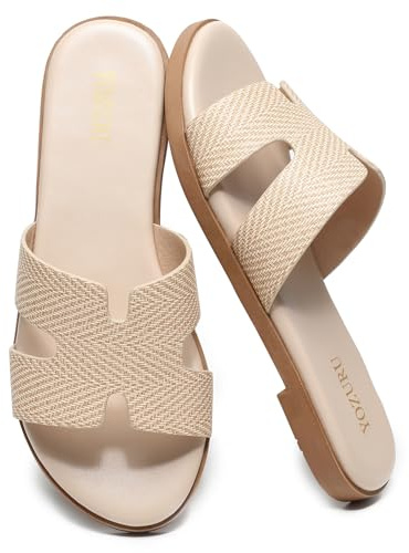 Yozuru Womens Flat Sandals Open Toe Dressy Summer Sandals Comfortable Casual Slip on Leather Slides Sandals for women