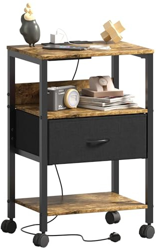 Lutown-Teen Table de Chevet avec Station de Charge, 2 Prises CA et 2 Ports USB, Cadre en Métal et 1 Tiroir en Tissu, Tables d'appoint avec roulettes pour Salon, Chambre à Coucher