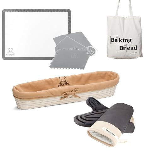 Backefix Baguette Set - die perfekte Grundausstattung zum Brot backen - Geschenk Set (Silikon Backmatte, Baguette Gärkörbchen, Ofenhandschuhe, 3x Teigkarte, Baumwolltasche)