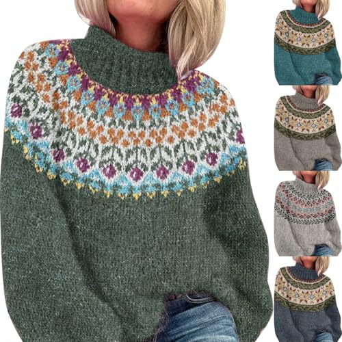 Fairisle Tröjor för kvinnor – dampullover tröjor mode elegant polotröja för kvinnor mjuka bekväma isländska tröjor för kvinnor lösa smala damer kabelstickade jumper kashmirtröjor, gRÖN, M