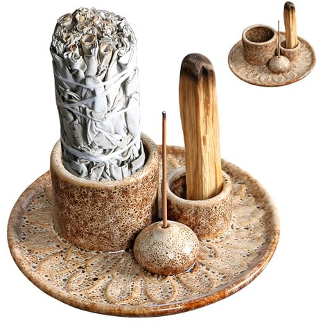 WANDGU Keramik Räucherschale 4-in-1 mit Ascheauffang: Weißer Salbeihalter Räucherteller, Meditationsschale für Salbei & Räucherstäbchen, Halter mit Ascheauffangplatte für Meditationsraum