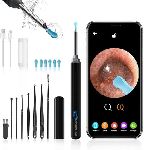 Pulitore per orecchie WiFi Morelax 1080P, otoscopio impermeabile IP67 con fotocamera a 360°, endoscopio auricolare con 6 LED per iPhone, Android, iPad, adulti, bambini e animali domestici (Nero)