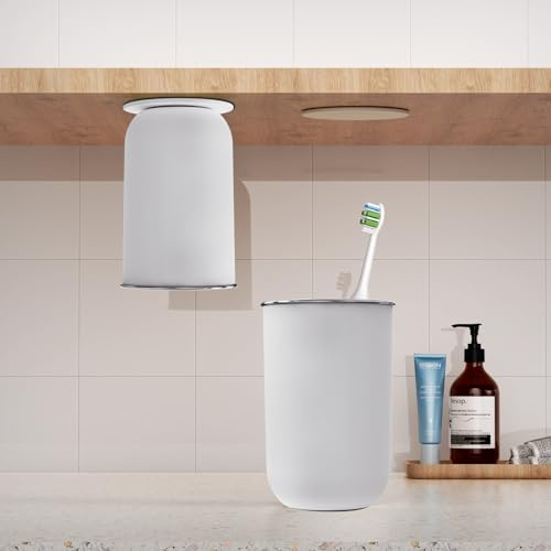 MENGCOOL 350ml Zahnputzbecher, Magnetischer Mundspülbecher, Zahnputzbecher aus Edelstahl 304, Schlichter Stil, Multifunktional (Weiß)