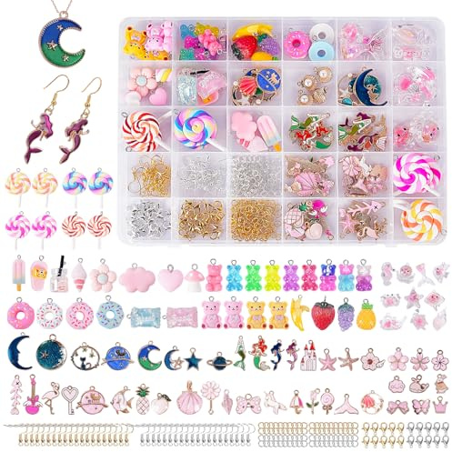 WUSUPU Charms Anhänger Set,Schmuck Selber Machen Set, 100 Stück Ohrringe Selber Machen,Bubble Tea Schmetterling Bär, Anhänger aus Harz für Halskette Armband und Schlüsselanhänger für Mädchen