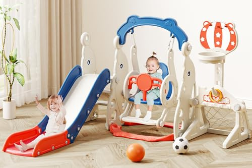 67i 6 in 1 Toddler Baby Swing and Slide Set - Sand/Water Fillable Base Anti-Tip, Adjustable Basketball Hoop, Easy Assembly, Compact Indoor Outdoor Age 1-2 Toddlers Birthday Gift (Blue, with Football)