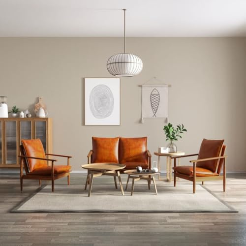 MOBCANT 3-TLG. Sofagarnitur Echtleder mit Massivholz Akazie Braun Sofabezug Couch Polstergarnitur Schlafcouch für Wohnzimmer Wohnung Hotel Büro