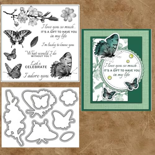 Sredwtk Schmetterlinge und Blumen Stanzschablonen und Stempelset,Stempel und Stanzen Set,Silikonstempel und Stanzen Set,Clear Stamp und Stanzschablone Für DIY Scrapbooking Fotoalbum Dekor Karten