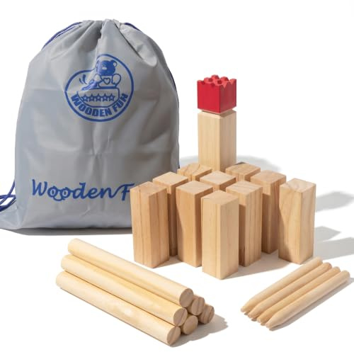 WOODENFUN Original Kubb Viking Game Outdoor Wooden Swedish Chess with Bag Party Games for Children and Adults
