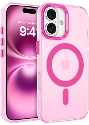 GUAGUA Cover Magnetico per iPhone 16, Compatibile con MagSafe, Custodia con Labbra Rialzate Paraurti Antiurta Colori Vivaci Glassata Traslucida Opoca Anticaduta Protettivo Case Rosa Caldo