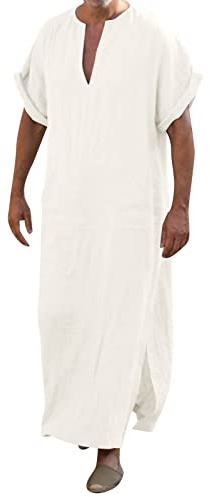 Muslim Thobe for Men Plus Size Vneck Short Sleeve Robe Casual Loose Cotton Arab Dubai Side Slit Islamic Kaftan Prayer Clothes Caftans Big and Tall Mens Arab Thobe Traditional Muslim Abaya Dress