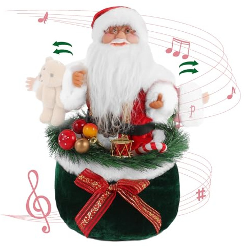 LAIBUY Figurine de Père Noël de Noël, figurine de collection Père Noël dansant avec musique tenant l'ours et debout à l'intérieur du sac cadeau – Interrupteur à induction