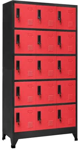 Foknhdi Schließfachschrank Anthrazit Rot 90x40x180 cm Stahl Modernes Design mit 15 abschließbaren Fächern Flur Garderobe Spind Kleiderstaumöbel für Büro Schule Flur Schlafzimmer