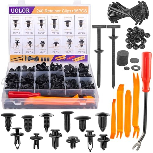 Uolor 335 clips de retenue de pare-chocs, rivets en plastique, kit 12 tailles rivets à pousser + attaches T améliorées - Pour garnitures portière et ailes, compatible GM/Ford/Toyota/Honda/Chrysler