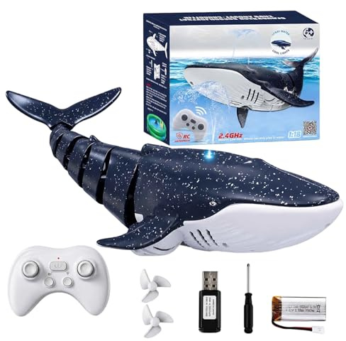 Remote Control Boat Whale Toy for Swimming Pool RC Boat Robot Fish Shark Toys for Kids 6+ Waterproof Water Spray with LED Lights 2.4GHz Electronic Sea Creatures Summer Garden Gift (Blue)